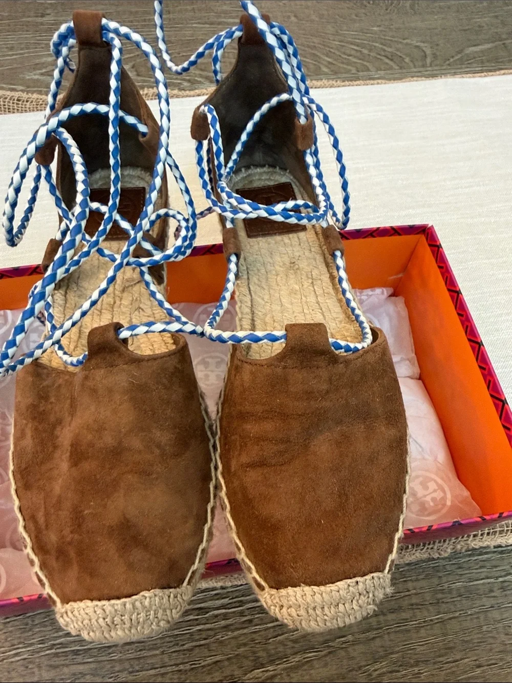 Tory Burch Brown Espadrille Lace-Up Flats with Blue & White Laces